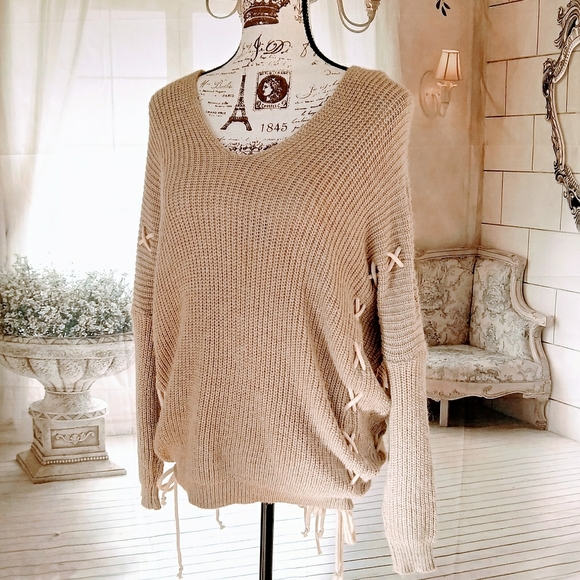 Listicle Sweaters - LISTICLE Lace-Up Oversize Cozy V-neck Sweater